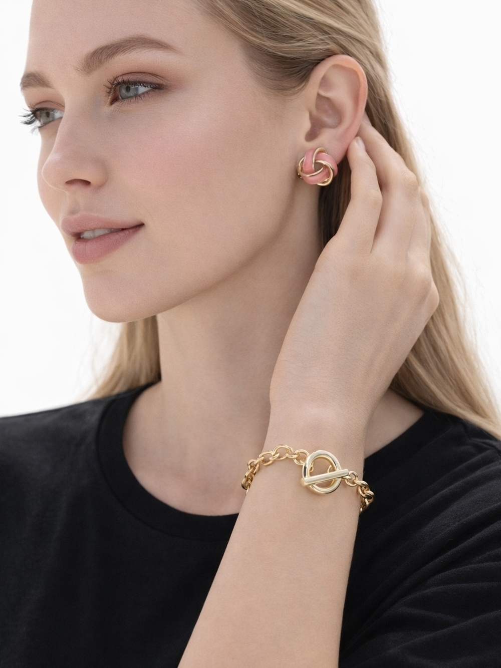 Gold and Pink Knot Stud Earrings - Women Jewelry